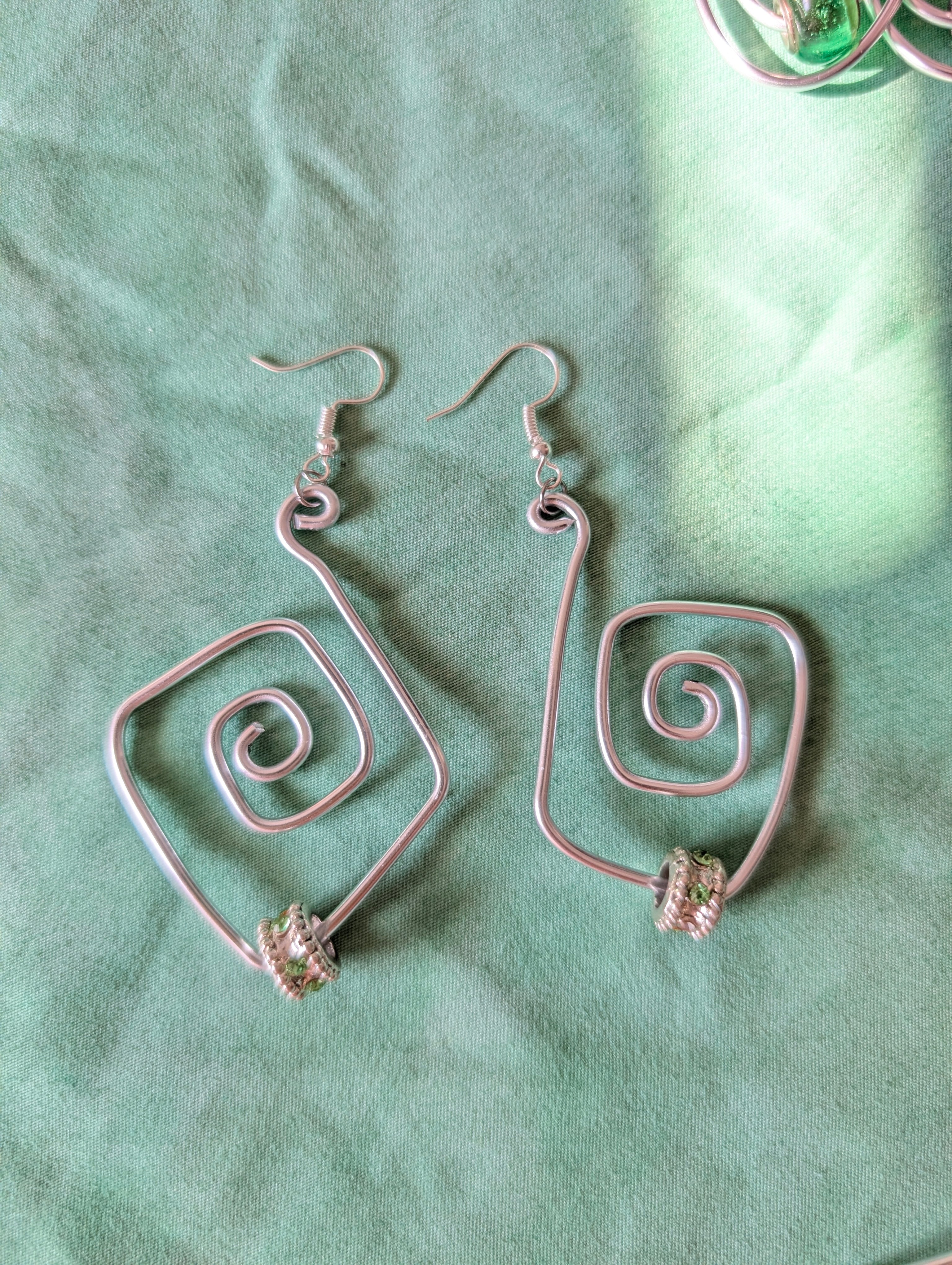 Green Square Spiral Earrings | Handmade Aluminium Statement Earrings