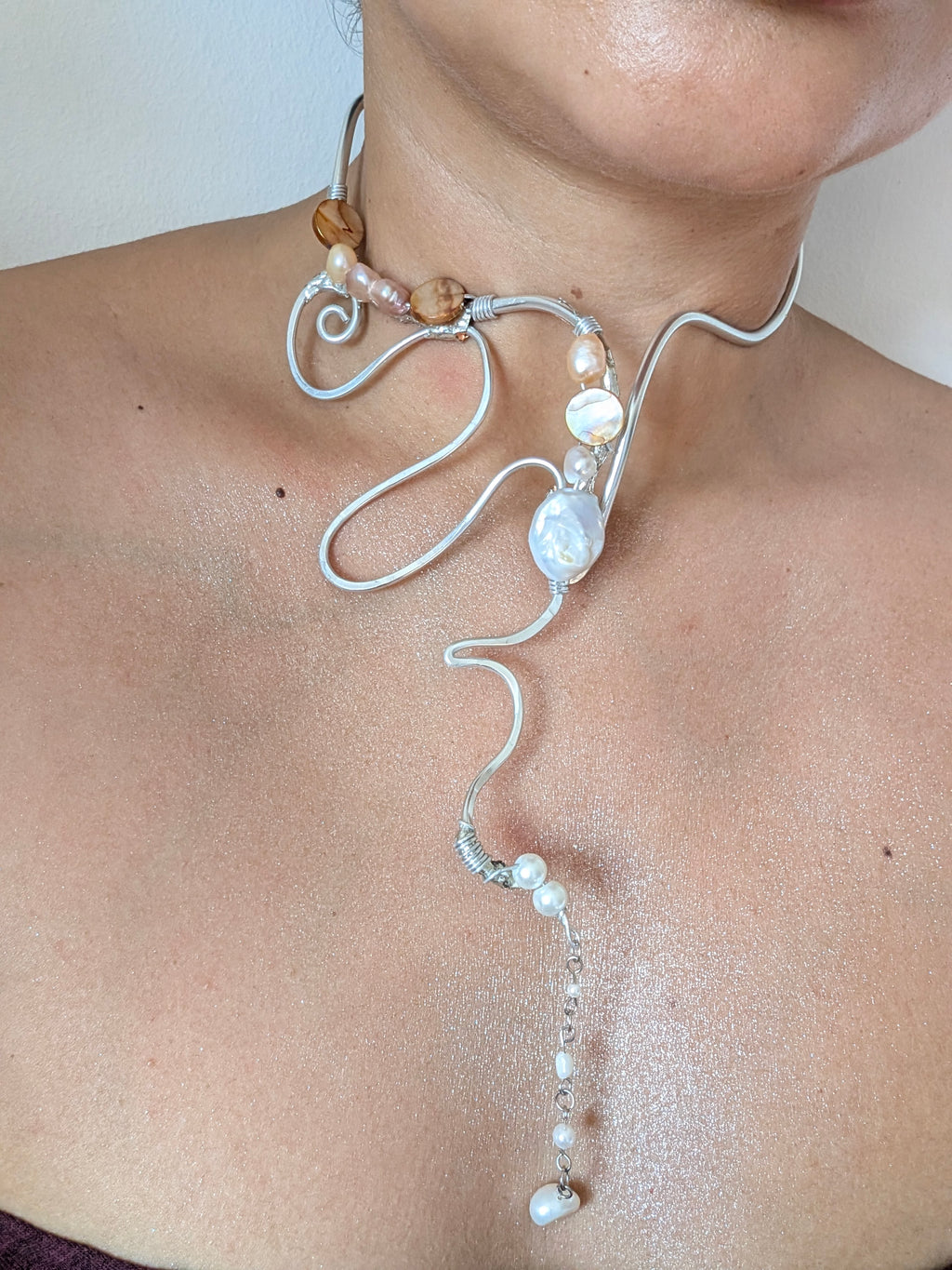Sculptural Baroque Pearl Wire Choker