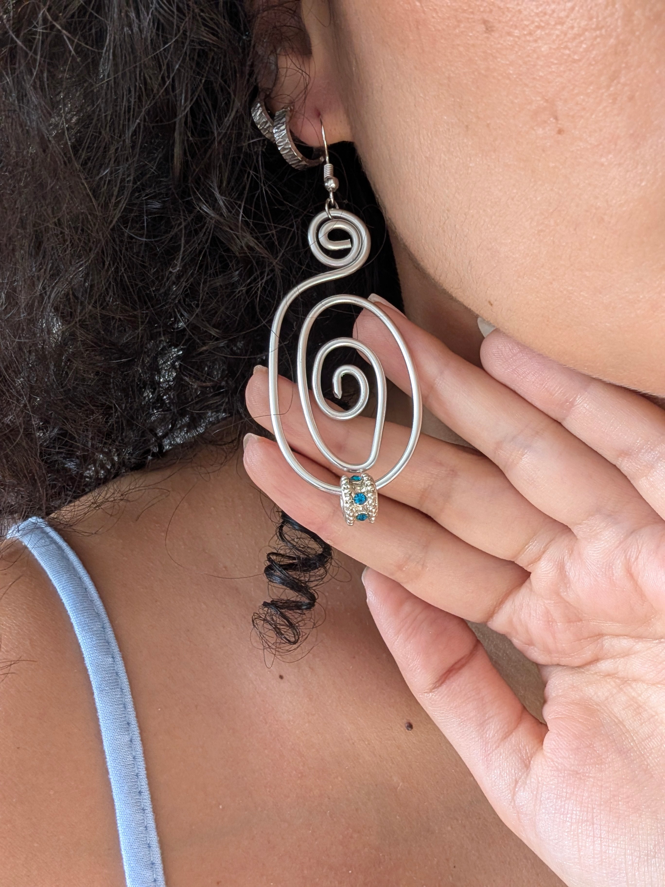 Silver Spiral Earrings with Blue Crystal | Statement Jewellery