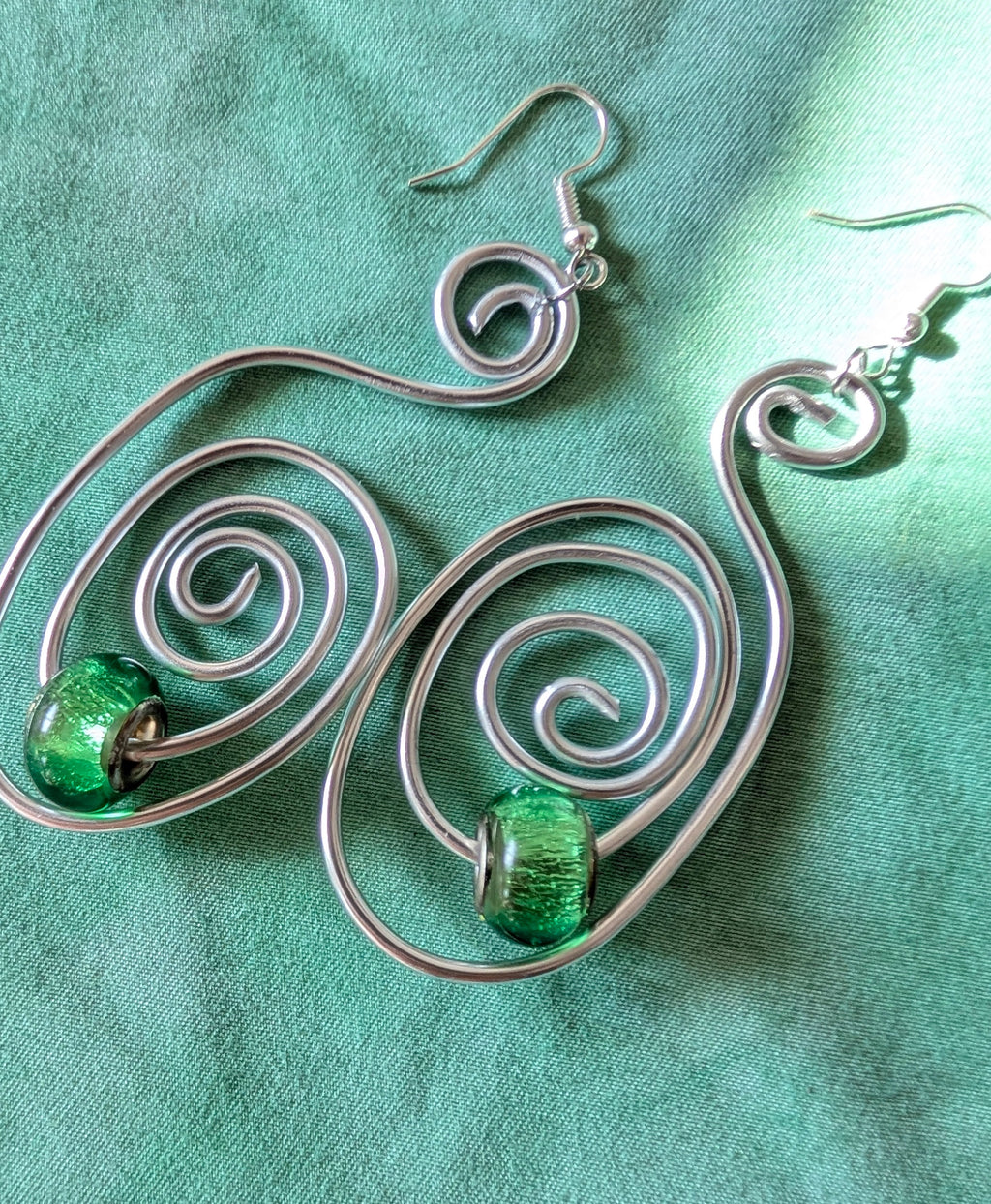 Green Spiral Earrings | Handmade Aluminium Statement Earrings