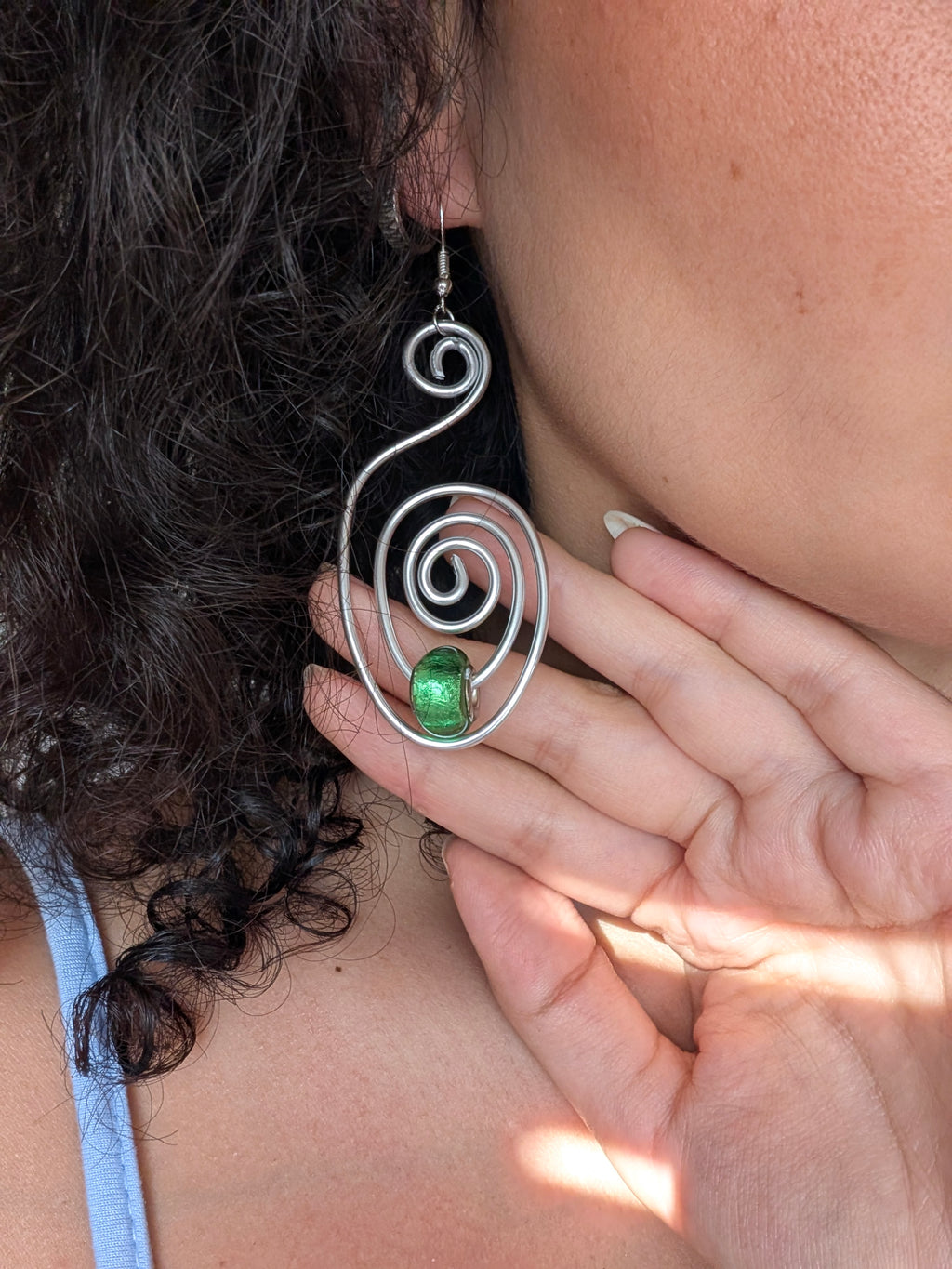 Green Spiral Earrings | Handmade Aluminium Statement Earrings