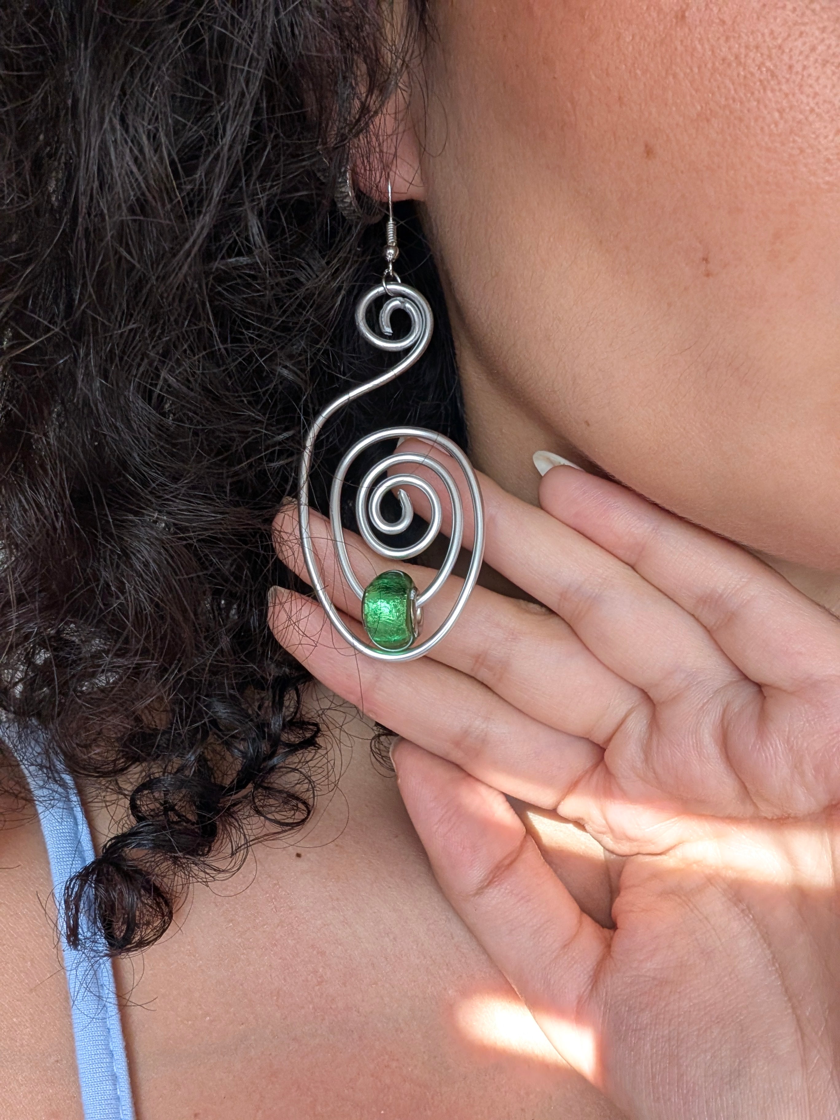 Green Spiral Earrings | Handmade Aluminium Statement Earrings