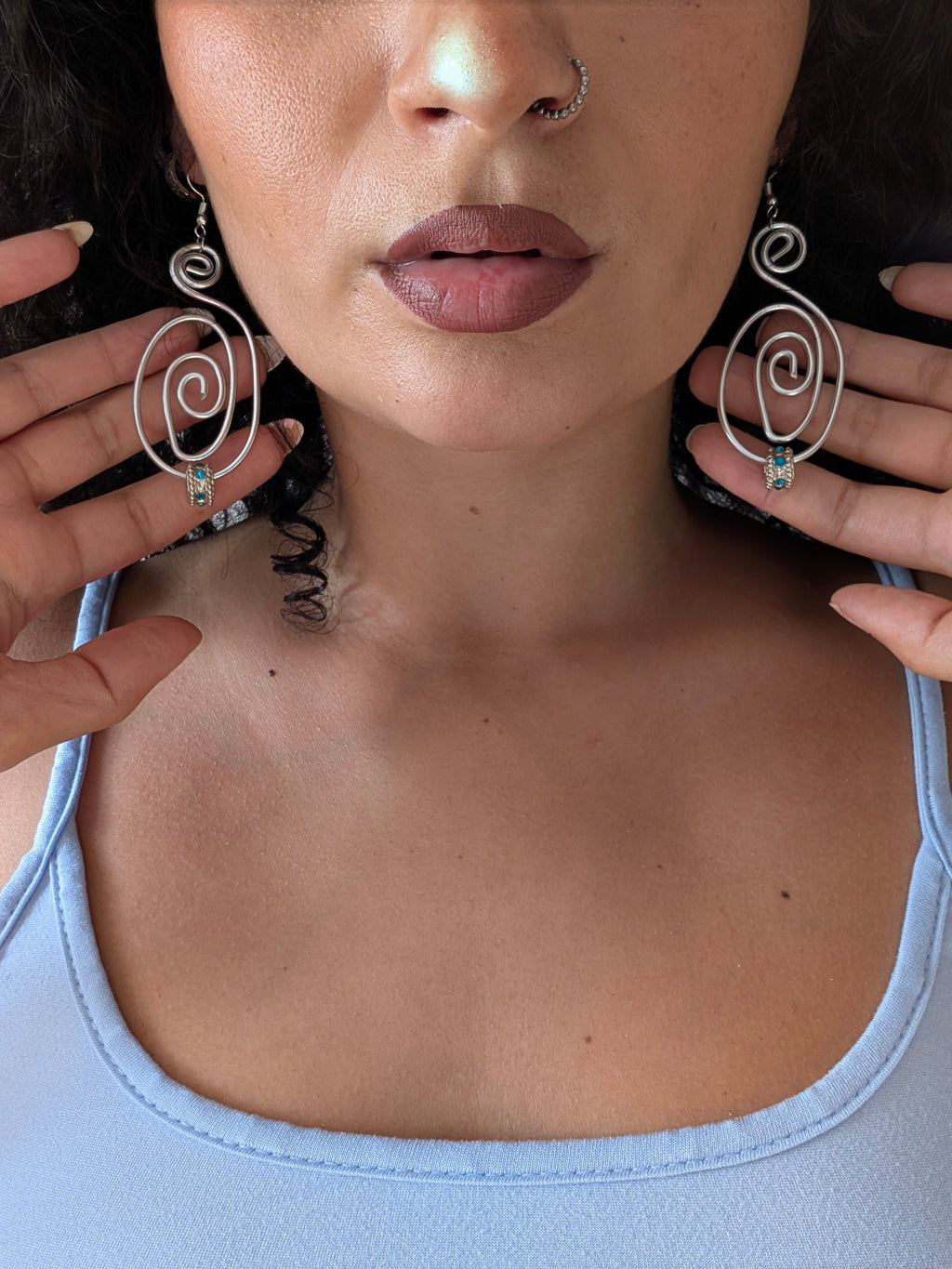 Silver Spiral Earrings with Blue Crystal | Statement Jewellery