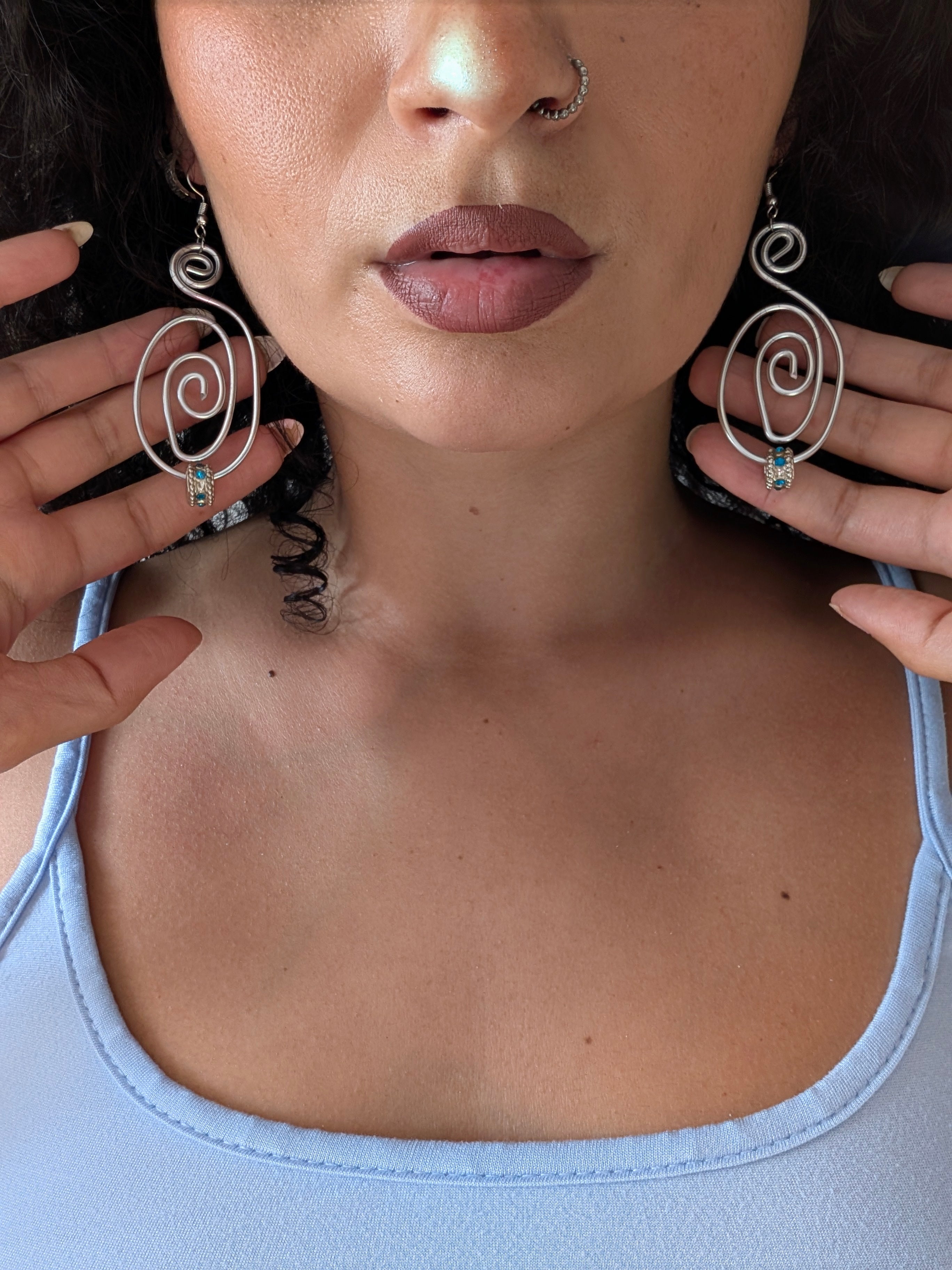 Silver Spiral Earrings with Blue Crystal | Statement Jewellery