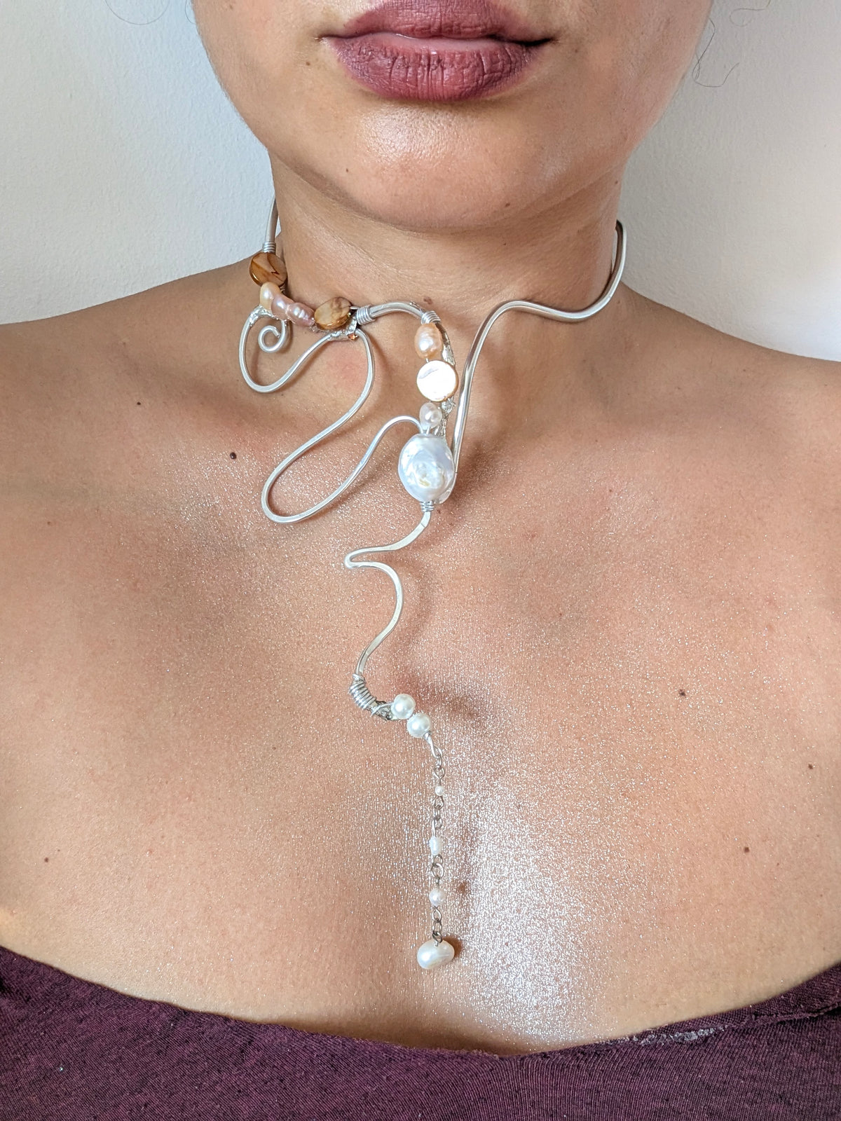 Sculptural Baroque Pearl Wire Choker